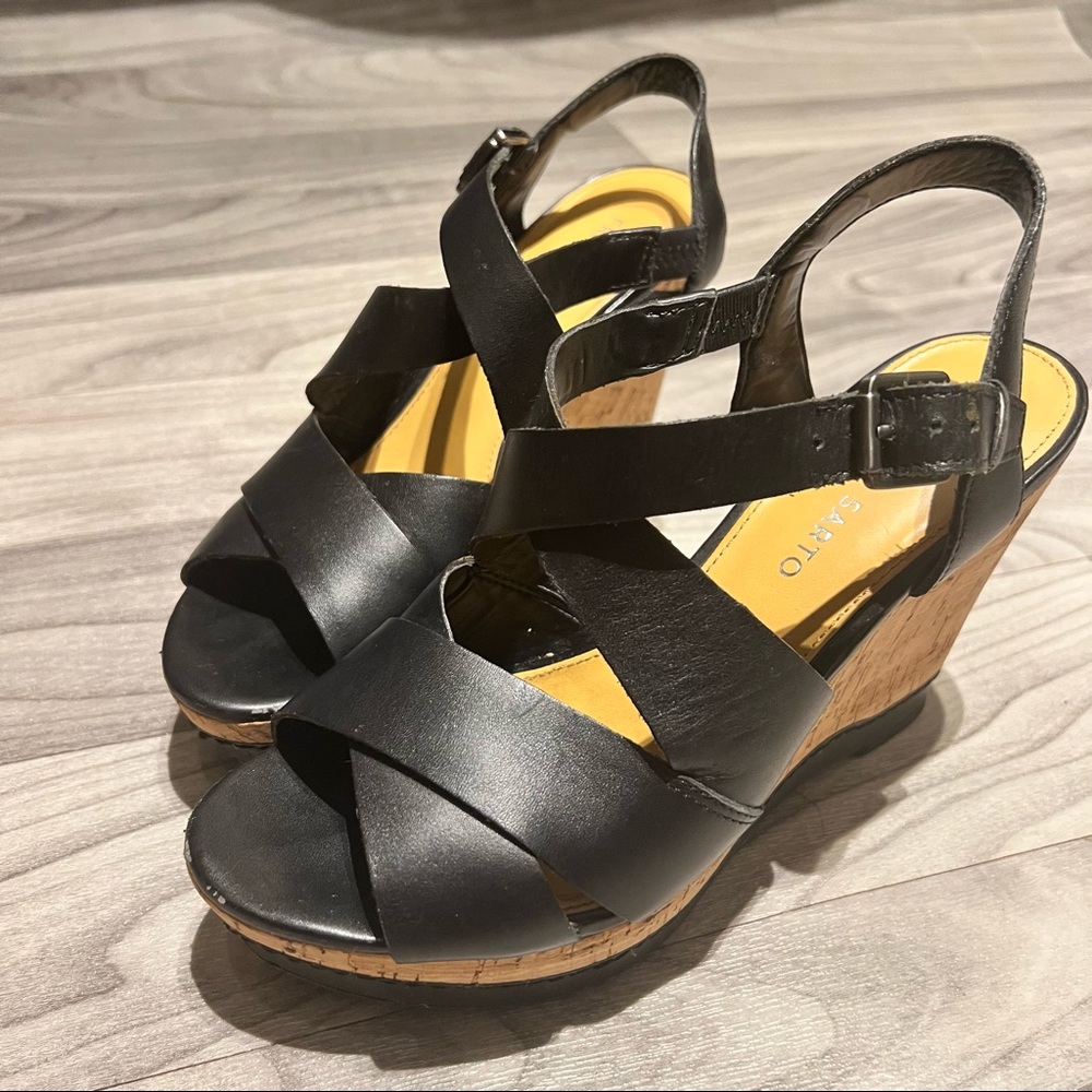 Franco Sarto black leather straps wedges